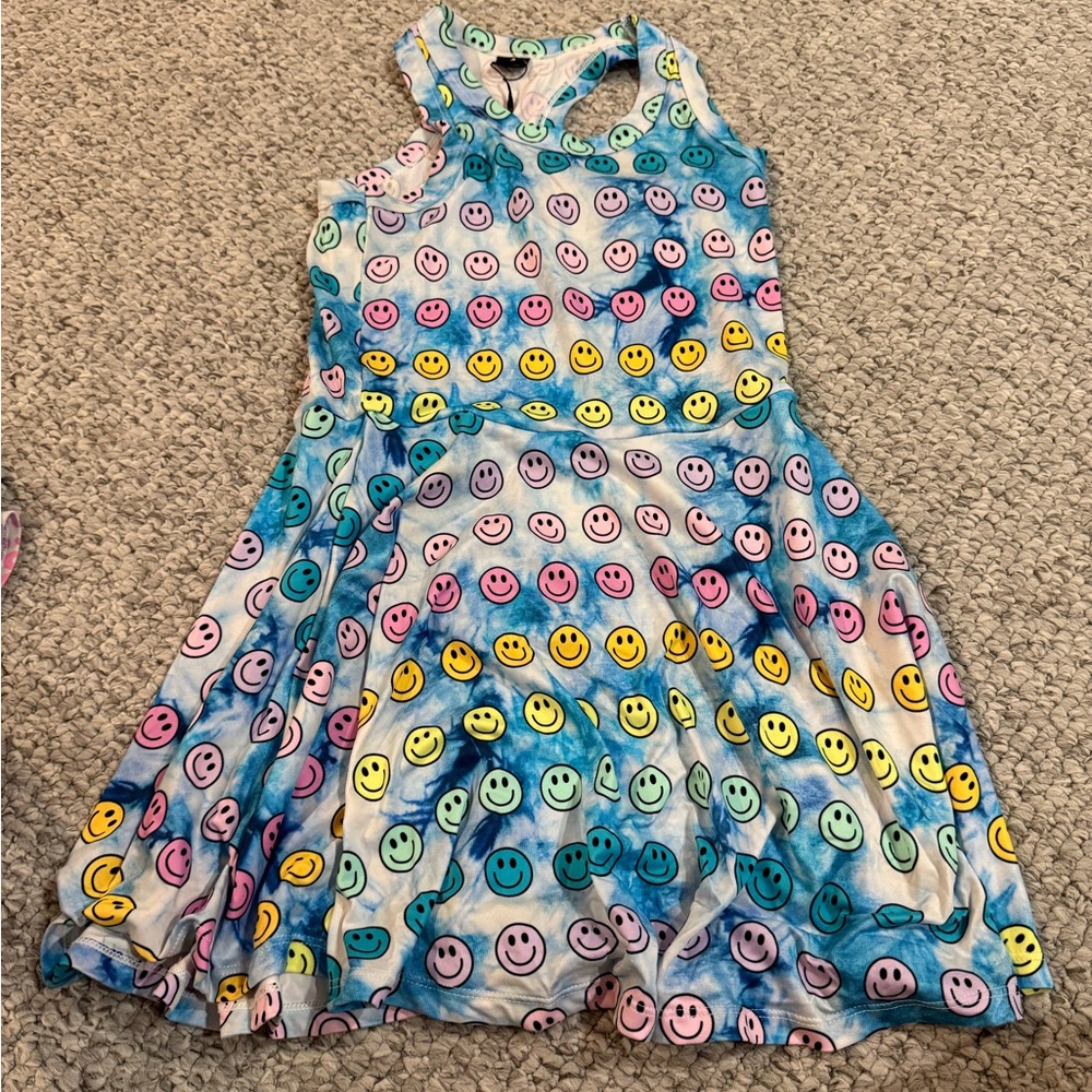 Girls Blue Tie-Dye Smiley Tank Dress - Multicolor Smiley Print